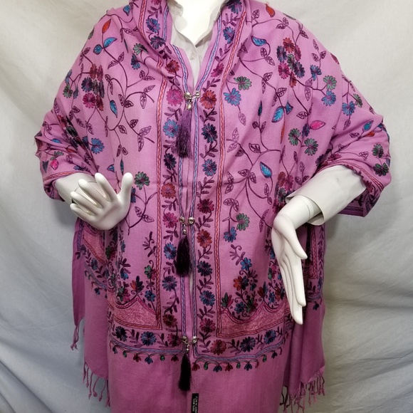 Purple Pink Embroidered Kashmir 100% Wool Scarf - Picture 2 of 6